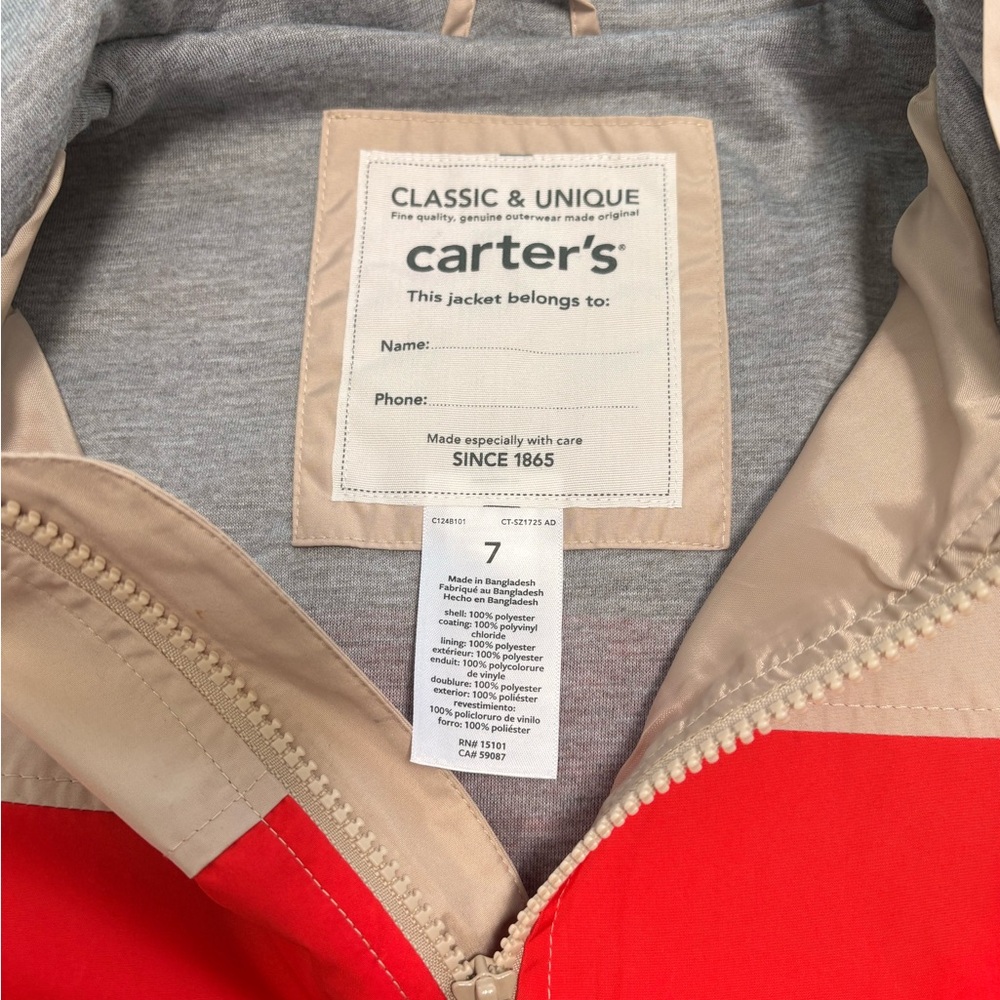 Carter's Red and Navy Kids Light Coat Raincoat NWOT Size 7 Boys Unisex - Picture 6 of 7